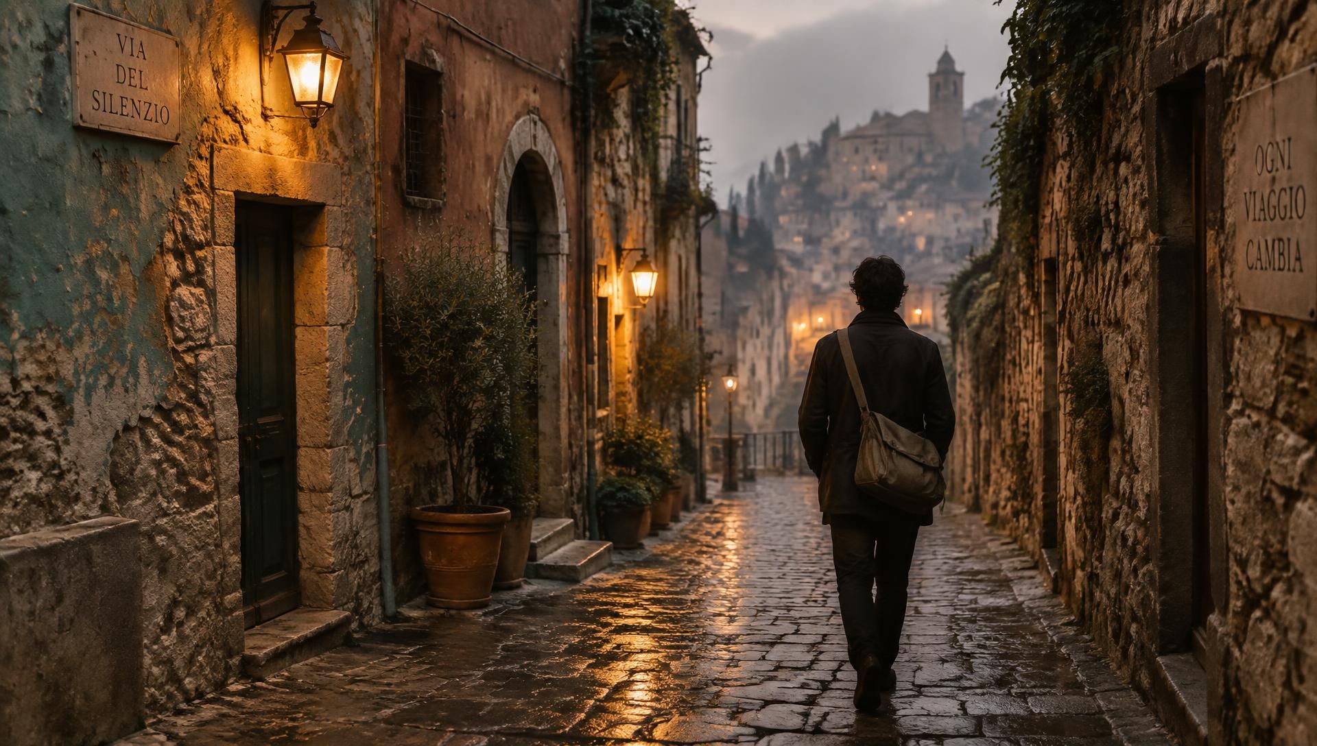 A traveller walking through a lamplit old-town alley at dusk