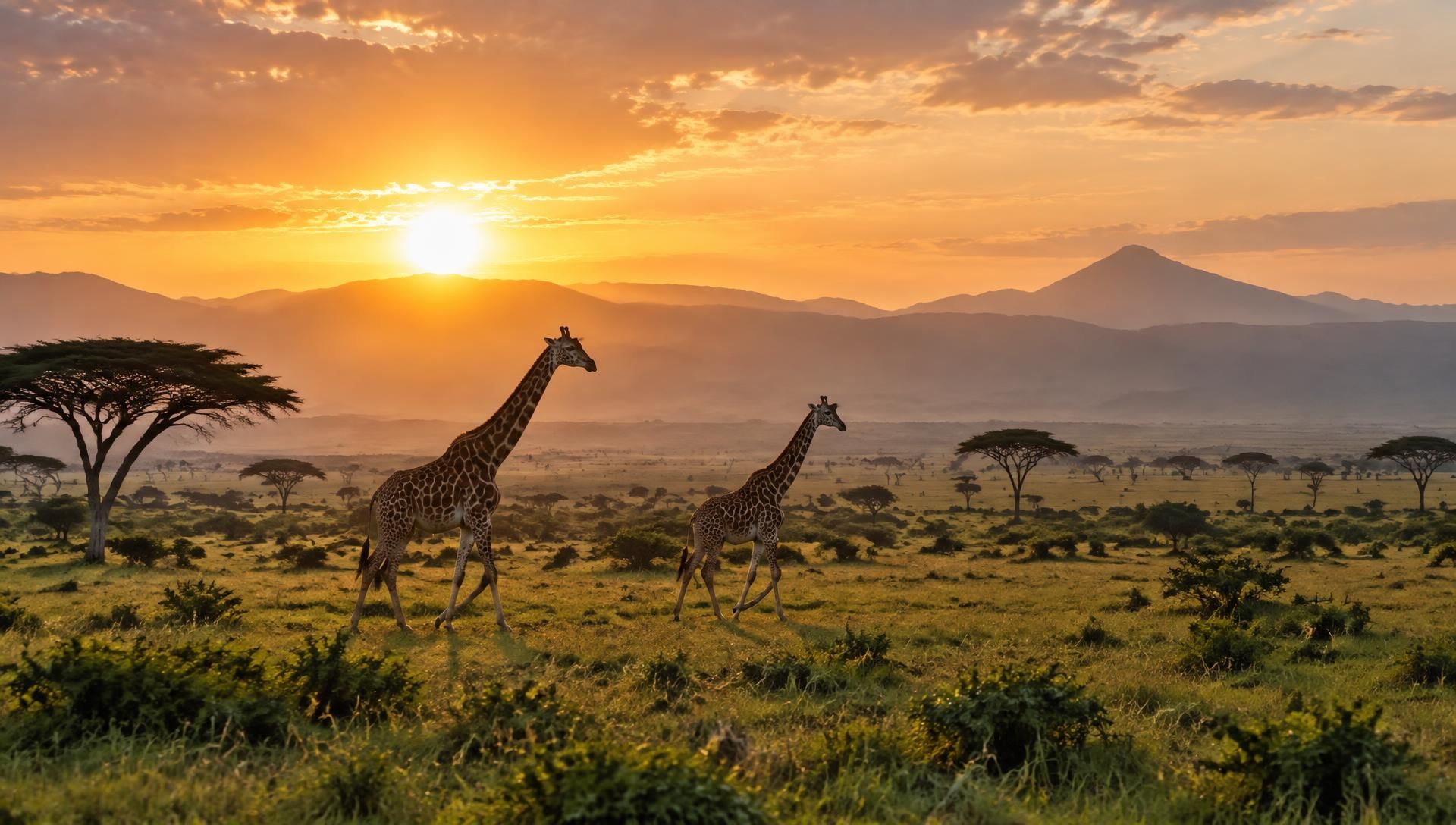 Giraffes crossing the Kenyan savannah